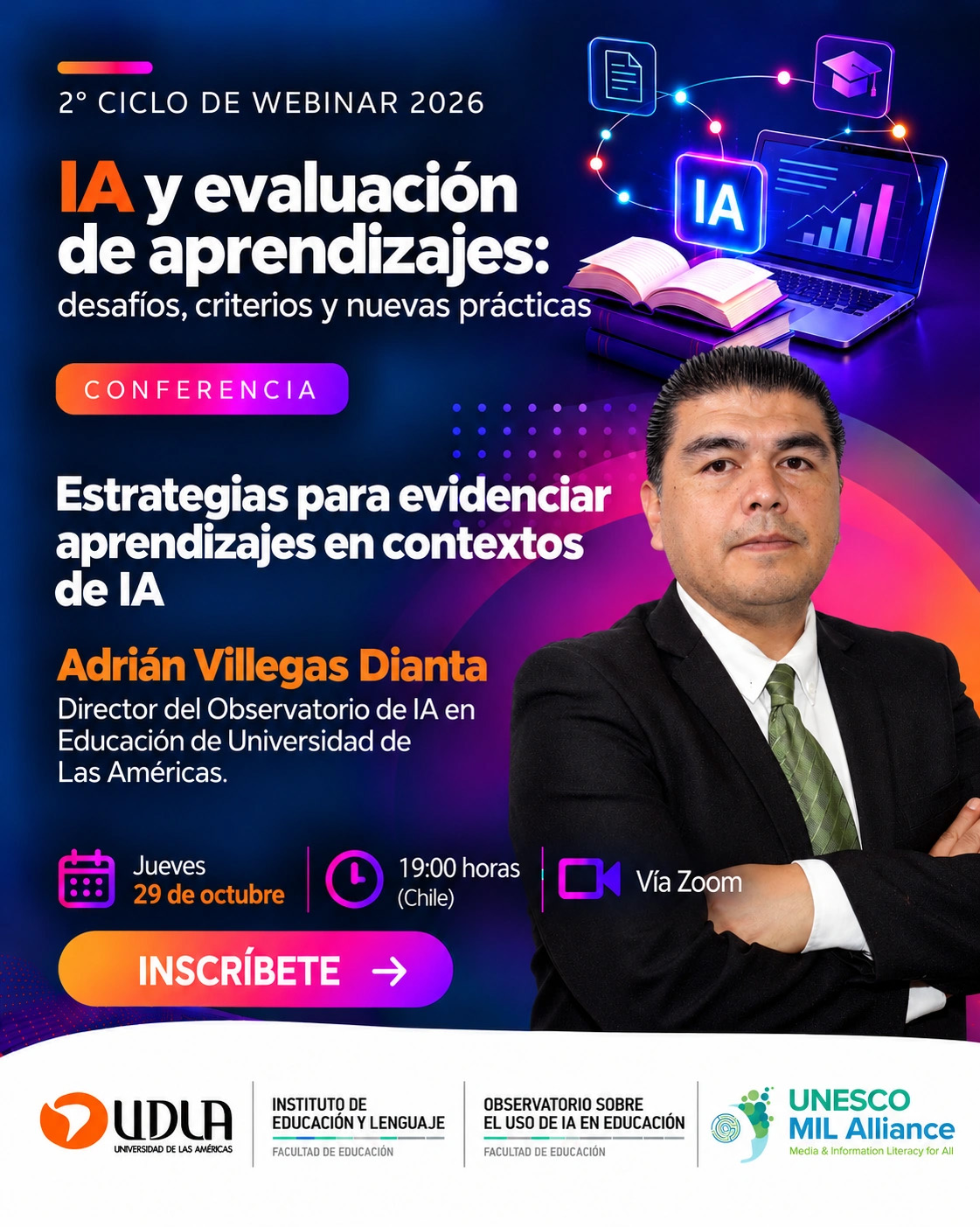 Afiche de Adrián Villegas Dianta. Estrategias para evidenciar aprendizajes en contextos de IA. Jueves 29 de octubre de 2026, 19:00 horas de Chile, vía Zoom.