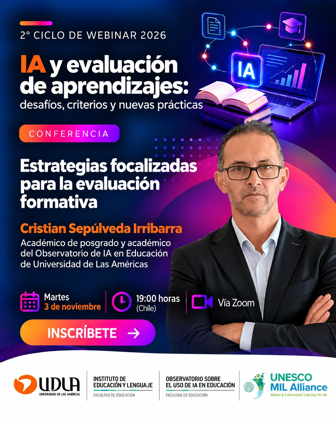 Afiche de Cristian Sepúlveda Irribarra. Estrategias focalizadas para la evaluación formativa. Martes 3 de noviembre de 2026, 19:00 horas de Chile, vía Zoom.