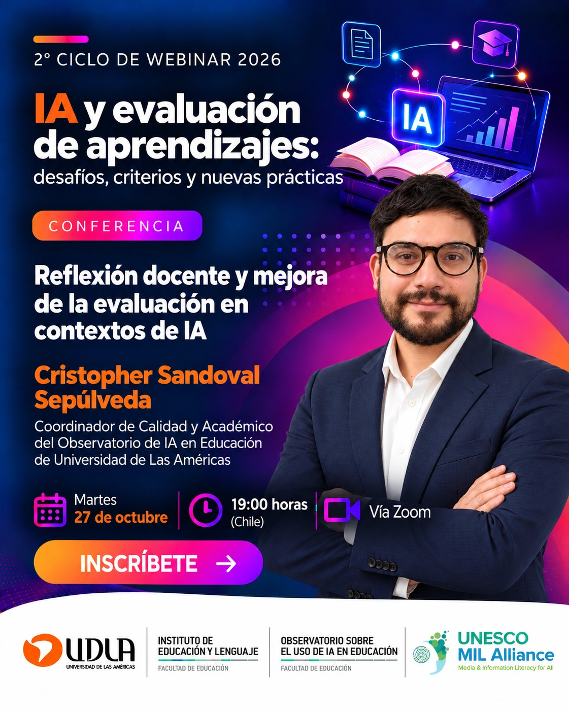 Afiche de Cristopher Sandoval Sepúlveda. Reflexión docente y mejora de la evaluación en contextos de IA. Martes 27 de octubre de 2026, 19:00 horas de Chile, vía Zoom.