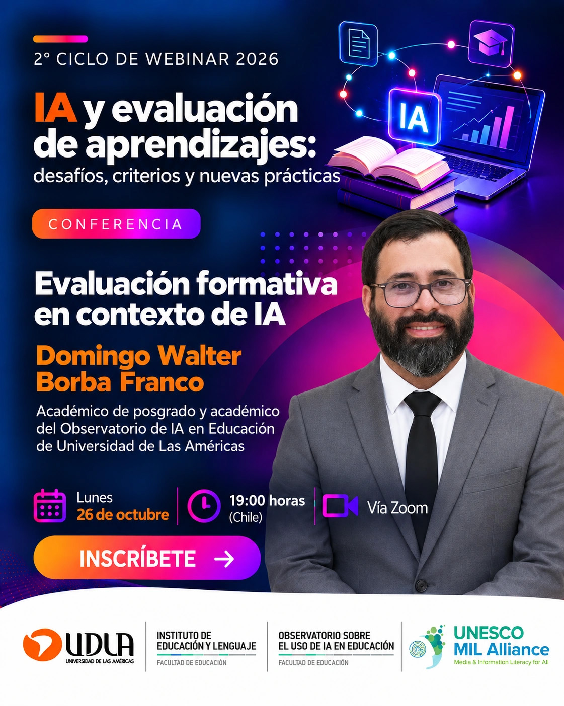 Afiche de Domingo Walter Borba Franco. Evaluación formativa en contexto de IA. Lunes 26 de octubre de 2026, 19:00 horas de Chile, vía Zoom.