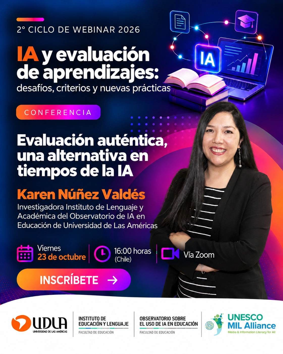 Afiche de Karen Núñez Valdés. Evaluación auténtica, una alternativa en tiempos de la IA. Viernes 23 de octubre de 2026, 16:00 horas de Chile, vía Zoom.