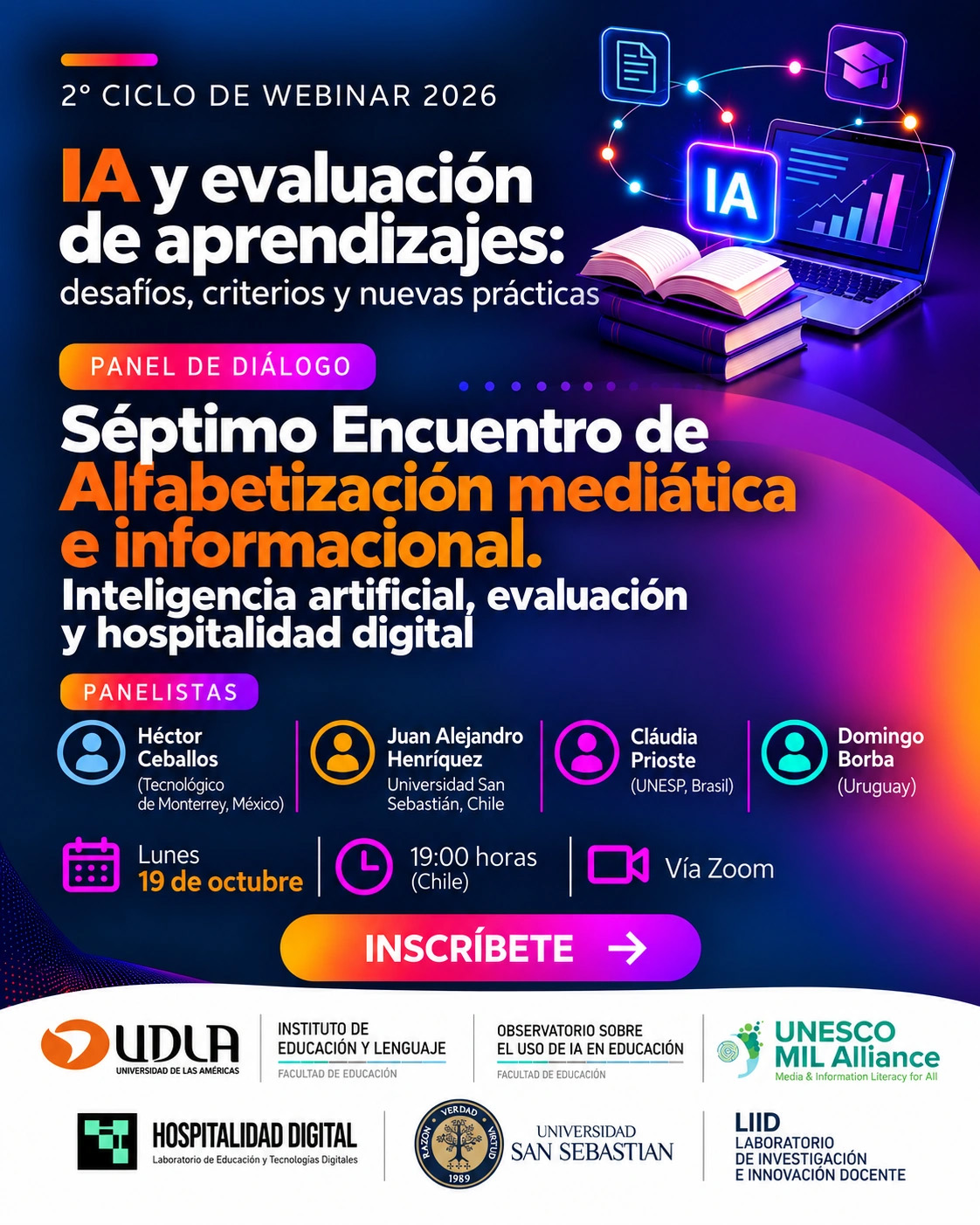 Afiche de Héctor Ceballos · Juan Alejandro Henríquez · Cláudia Prioste · Domingo Borba. Séptimo Encuentro de Alfabetización mediática e informacional. Inteligencia artificial, evaluación y hospitalidad digital. Lunes 19 de octubre de 2026, 19:00 horas de Chile, vía Zoom.